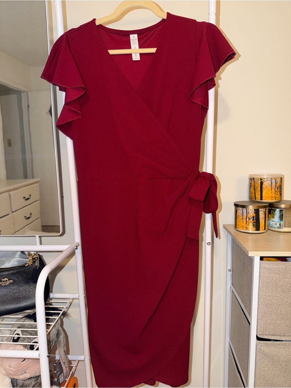 Women’s Burgundy Wrap Midi Dress with Flutter Sleeves